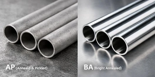 AP BA stainless steel tubing surface finish guide image with two tube samples - octal pipe AP BA stainless steel tubing surface finish guide image with two tube samples - octal pipe